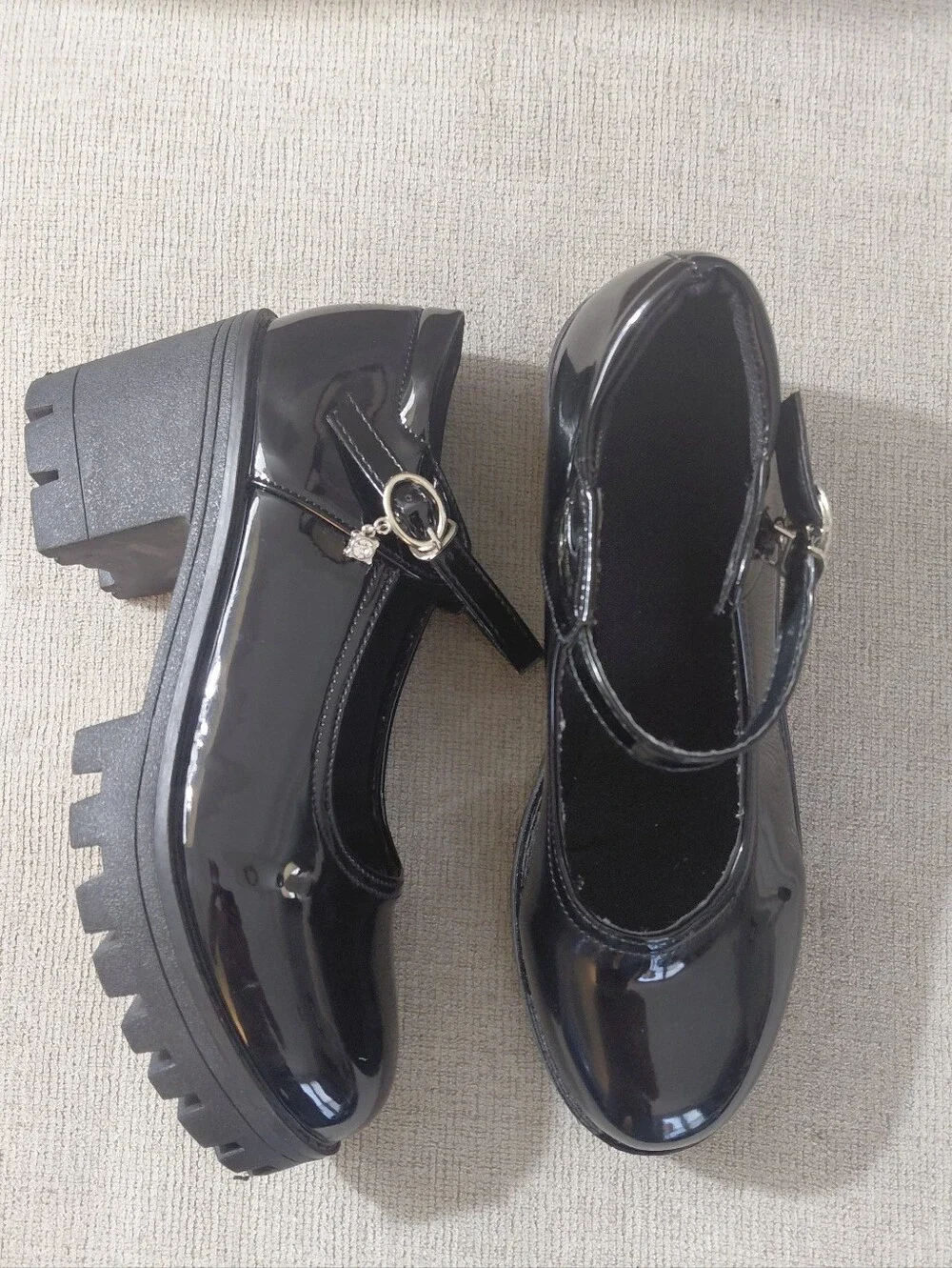 Black Patent Chunky Heel Lug Sole Mary Jane Shoes Size 10